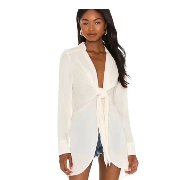Free People Tops - NWT Free People Worlds Apart Ivory Tie Front Blouse Tunic Collared Shirt Large